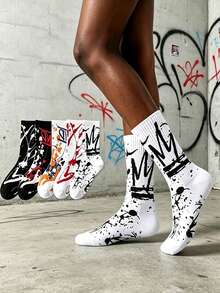 5 Pairs Men's Graffiti Splatter Mid-Calf Socks, Personalized Street Style Colorblock Print Design, Niche Fashion Versatile Socks - Multicolor - View 1