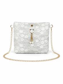 1pc Women's Floral Lace Square Crossbody Bag With Faux Pearl Cat Charm & Gold Chain Strap, Romantic Shoulder Purse For Party - White - View 1