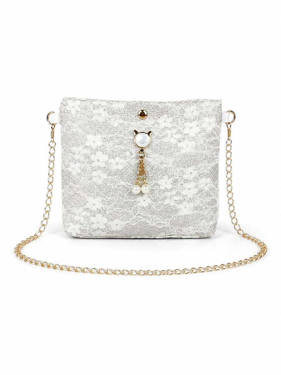 1pc Women's Floral Lace Square Crossbody Bag With Faux Pearl Cat Charm & Gold Chain Strap, Romantic Shoulder Purse For Party - White - View 1