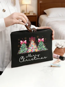 Christmas Tree Coquette Makeup Bag, Bow Snowflake Merry Christmas Print Cosmetic Pouch, Large Capacity Canvas Travel Toiletry Bag, Xmas Gift Storage Zipper Pouch For Women Girls - Multicolor - View 5
