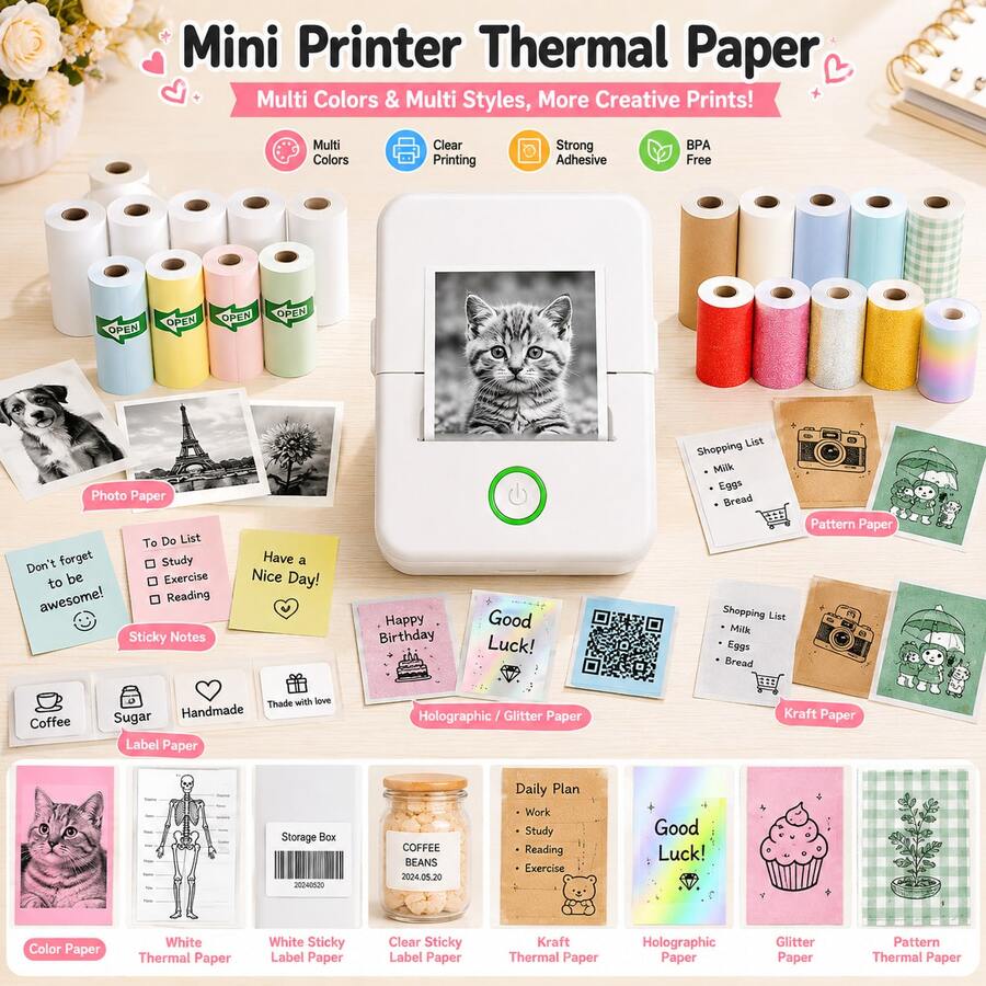 Portable Mini Thermal Adhesive Paper Ink-Free Self-Stick Sheets For Note-Taking, Office Work, Photography & Hand-Drawn Sketches, Available In White, Colored, Transparent & Laser Variants - View 1