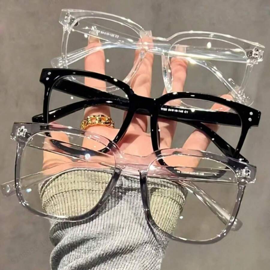 1/3 Pairs Of Large Square Glasses, Flat Lenses, Academic Style Frames, Face-Slimming, Suitable For Daily Wear - Clear - View 1