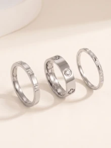 3pcs/Set Elegant & Exquisite Sweat-Proof & Waterproof Women's Rings, 18K Stainless Steel Fashionable Zirconia Rings, Suitable For Summer Wear, Size 6-10, Wedding Rings, Wedding Season Gift, Couple Jewelry, Best Gift For Girlfriend, Best Friend, Waterproof & Non-Fading, Long-Lasting Color - Multicolor - View 12