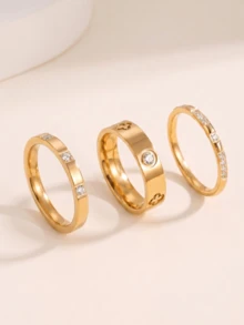 3pcs/Set Elegant & Exquisite Sweat-Proof & Waterproof Women's Rings, 18K Stainless Steel Fashionable Zirconia Rings, Suitable For Summer Wear, Size 6-10, Wedding Rings, Wedding Season Gift, Couple Jewelry, Best Gift For Girlfriend, Best Friend, Waterproof & Non-Fading, Long-Lasting Color - Multicolor - View 4