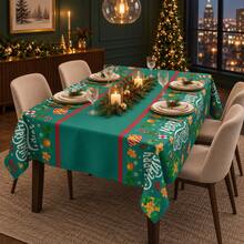 Green Christmas Themed Disposable Tablecloth, Merry Christmas Letter, Gingerbread Man, Gift Box, Candy Cane Print, Rectangular Home Dinner Party Table Decor - View 8