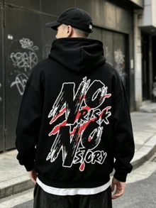 Plus Size Men's Casual Fashion Streetwear Hoodie With "No Risk No Story" Slogan Print, Pocket And Drawstring, Autumn/Winter - Black - View 1
