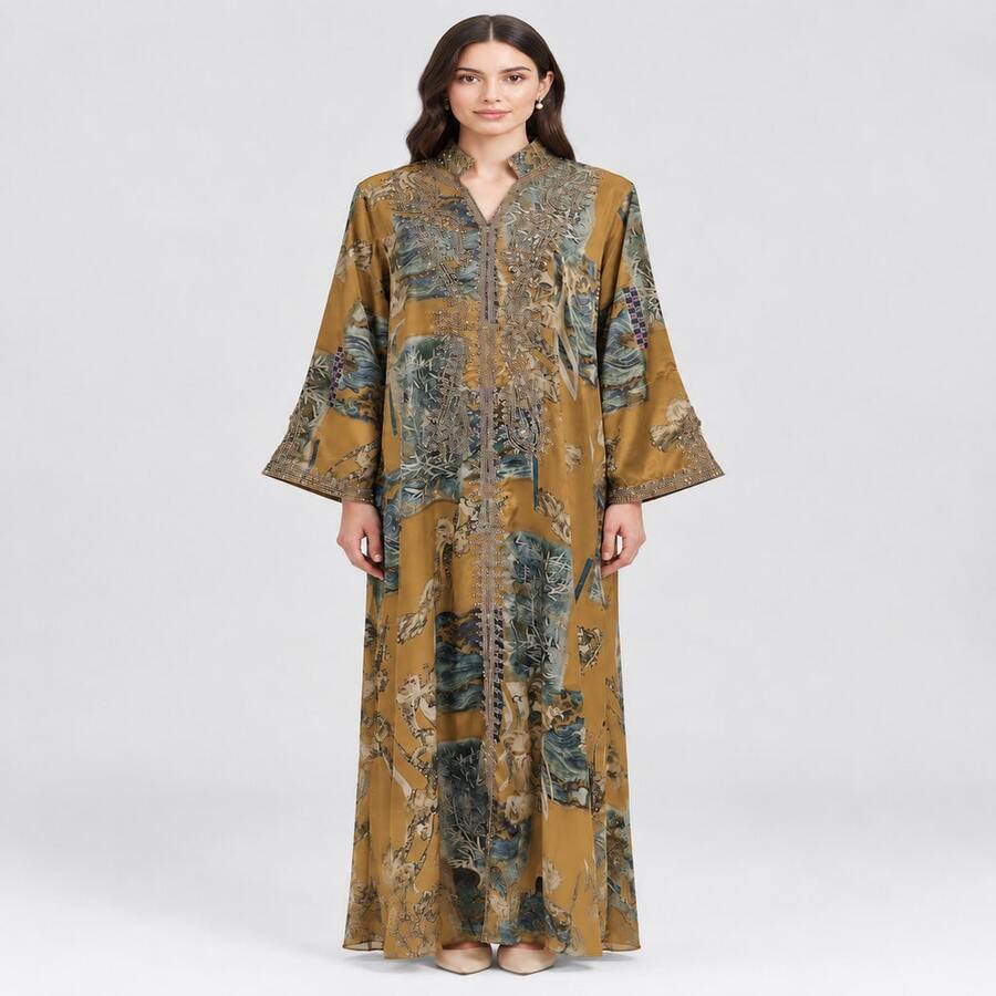 New Ramadan Women's Ramadan Rope Embroidery Print Craft Long Robe Light Luxury Elegant Stand Collar Abayas Dress - NC237 Yellow - View 1