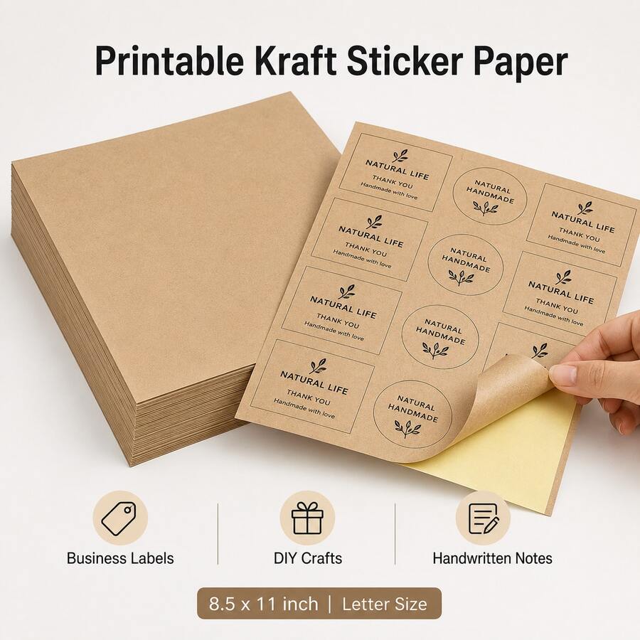 Kertas Stiker Kraft untuk Printer Laser & Inkjet, Kemasan Massal 50/100 Lembar, 8,5" x 11", Dapat Dicetak & Ditulis, Perekat Permanen, Hasil Akhir Matte, Gaya Vintage, Untuk Label, Kerajinan Tangan