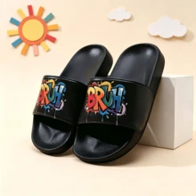Colorful Letter Kids Slippers Boys EVA Soft Sole Casual Non-Slip Indoor Outdoor Beach Slide Sandals - Black - View 2