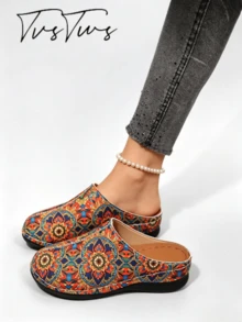 Classic Retro Contrast Stitching Closed-Toe Half-Slip Women's Shoes, Faux Suede Wedge Mule Slippers, Casual Slip-On Outdoor Slides - Color - View 1