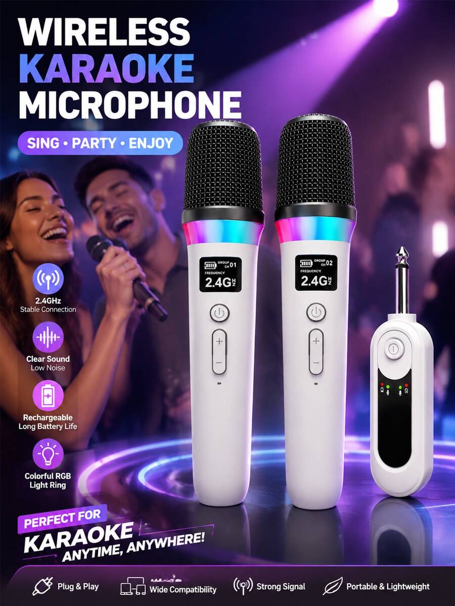 YAIUZGOO Set Mikrofon Karaoke Nirkabel, Mikrofon Ganda 2.4GHz dengan Penerima, Mikrofon Bernyanyi dengan Cincin LED RGB, Kualitas Suara Jernih, Kebisingan Rendah, Mikrofon Genggam Portabel, Cocok untuk Pesta, Musik, KTV, Hiburan Rumah, dan Hadiah - View 1