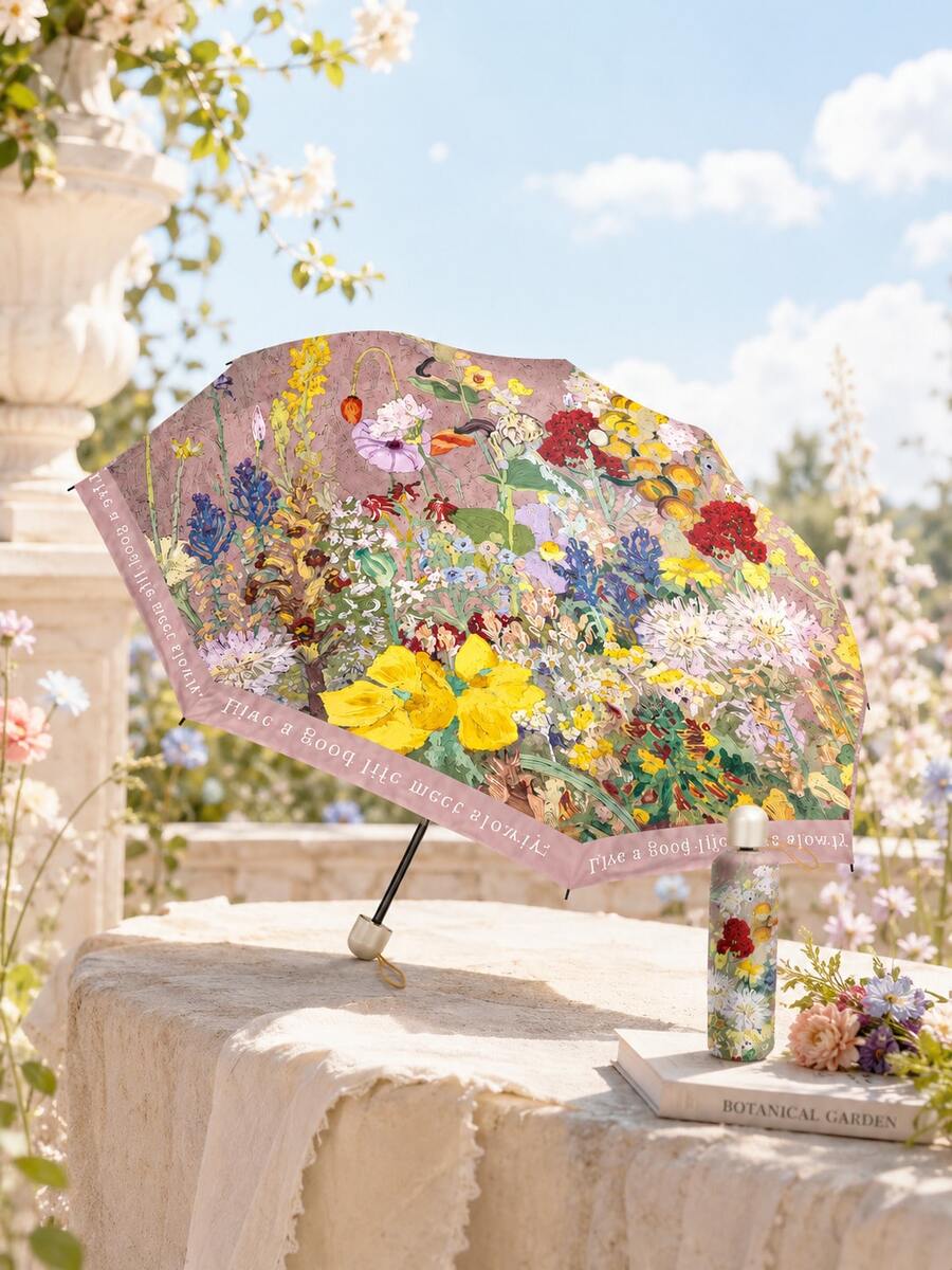 1pc Women's Umbrella, UPF50+ UV Protection Sun Umbrella (Floral Umbrella Is Main Product, Waterproof Storage Bag Is Accessory), Floral Pattern, Portable Travel Umbrella, Strong Waterproof Performance, 8 Reinforced Ribs, Women's Gift - Multicolor - View 1
