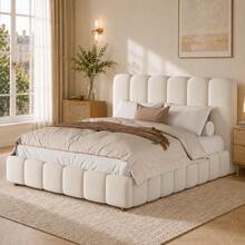 Bed Frame Made Of Velvet With Storage Solid Wood Beige 140 X 190 Cm For Bedroom And Kids Room (Mattress Not Included) - Beige - View 9
