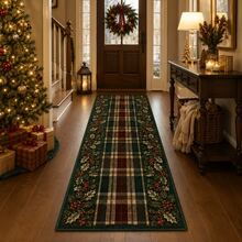 1pc Christmas Plaid Holly Berry Long Rug, Suitable For Entryway, Hallway, Corridor, Living Room, Kitchen, Perfect For Christmas Holiday Home Decor, Made Of Soft Skin-Friendly Plush Fabric, With Non-Slip Backing, Durable And Easy To Clean Floor Rug - Multicolor - View 1