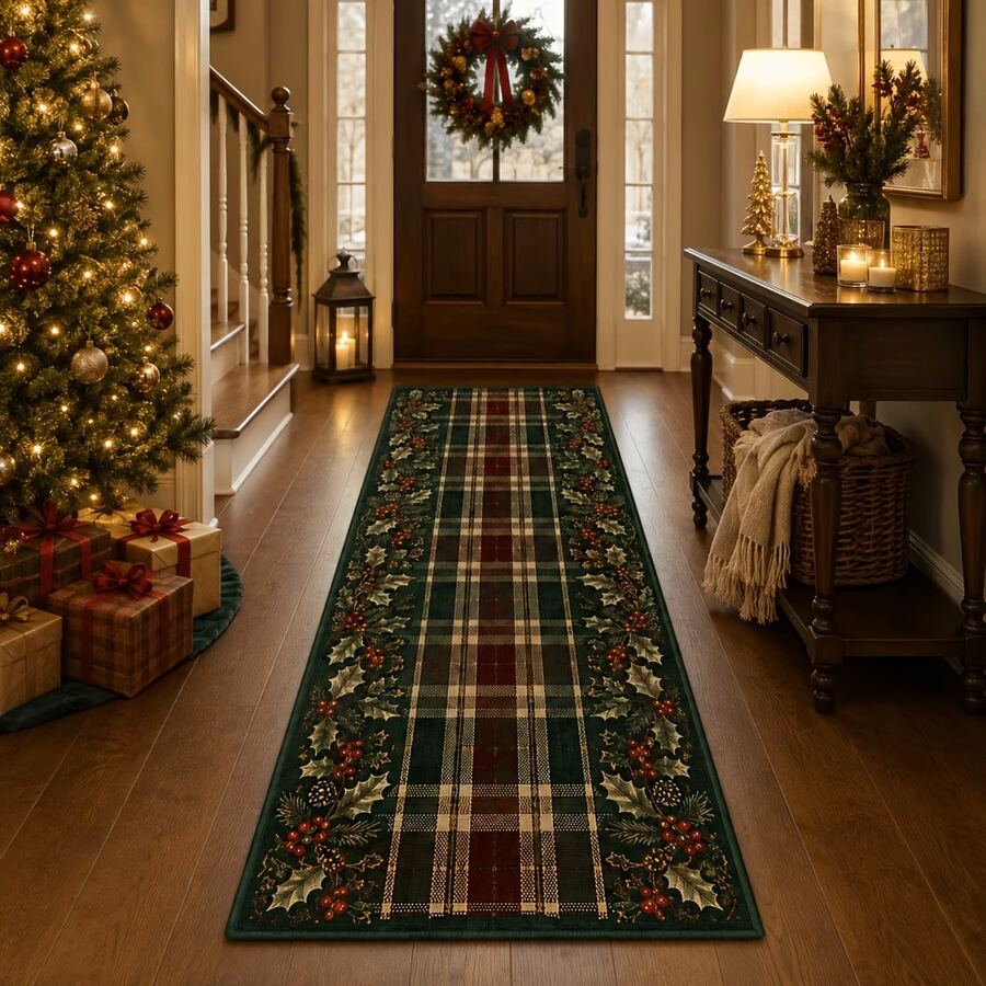 1pc Christmas Plaid Holly Berry Long Rug, Suitable For Entryway, Hallway, Corridor, Living Room, Kitchen, Perfect For Christmas Holiday Home Decor, Made Of Soft Skin-Friendly Plush Fabric, With Non-Slip Backing, Durable And Easy To Clean Floor Rug - Multicolor - View 1
