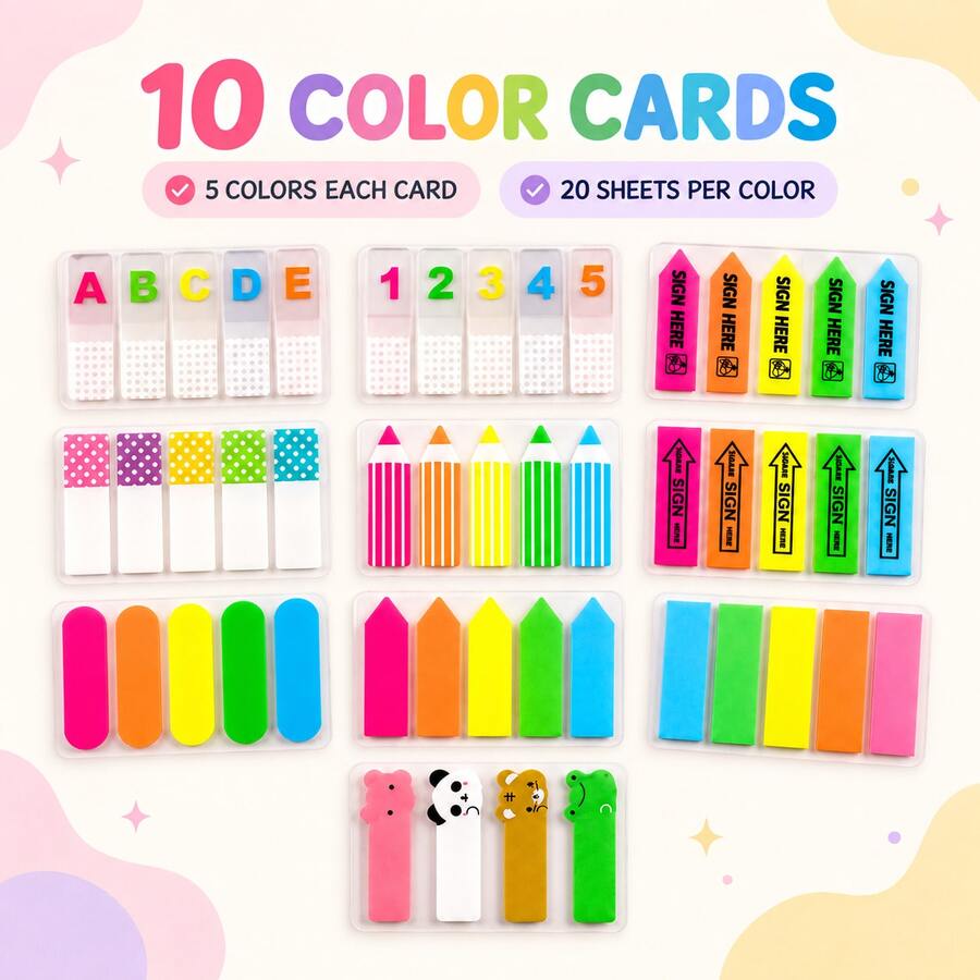 10-Pack Colorful PET Index Tabs Sticky Notes, 1000 Sheets Multi-Shape Writable Waterproof Bookmark Stickers, Removable Strong Adhesive Page Markers, Student Study Notes Office Supplies - one-size - View 1