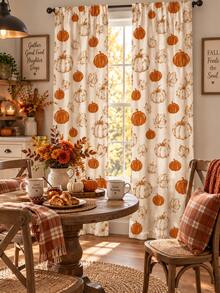 2 Panels Rustic Fall Curtains, Orange White Pumpkin And Maple Leaf Print Window Drapes For Bedroom Living Room Farmhouse Thanksgiving Harvest Decor - B - View 8