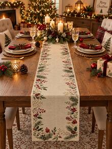 1pc Beige Botanical Christmas Table Runner, Vintage Farmhouse Linen Rectangular Holiday Table Decor With Pine Branches, Red Berries, Holly And Pinecones, Decorative Dining Runner For Christmas Dinner, Winter Gathering And Home Decor - Multicolor - View 1