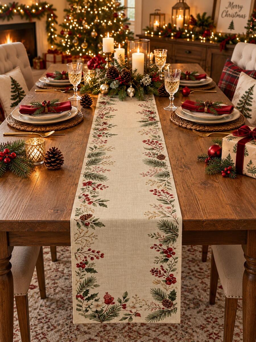 1pc Beige Botanical Christmas Table Runner, Vintage Farmhouse Linen Rectangular Holiday Table Decor With Pine Branches, Red Berries, Holly And Pinecones, Decorative Dining Runner For Christmas Dinner, Winter Gathering And Home Decor - Multicolor - View 1