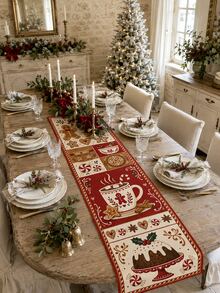1pc Christmas Table Runner, Gingerbread Man Candy Cane Hot Cocoa Christmas Print Linen Texture Table Runner, Vintage Christmas Holiday Table Decor, Rustic Farmhouse Style Dining Room Kitchen Table Decor, Winter Christmas Home Party Decoration - Multicolor - View 4