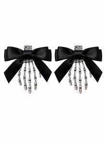 2pcs Halloween Skeleton Hand Bone Hair Clips, Black Bow Ghost Hand Side Clips, Dark Style Cosplay Party Funny Headwear, Halloween Party, Cosplay Outfit, Y2K Fashion, Holiday Photo - Multicolor - View 10