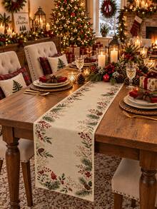 1pc Beige Botanical Christmas Table Runner, Vintage Farmhouse Linen Rectangular Holiday Table Decor With Pine Branches, Red Berries, Holly And Pinecones, Decorative Dining Runner For Christmas Dinner, Winter Gathering And Home Decor - Multicolor - View 14
