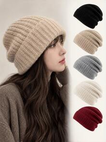 Topi Rajut Longgar Gaya Korea untuk Wanita, Tebal, Hangat, Modis untuk Musim Dingin dan Gugur, Warna Polos, Tahan Angin - topi - View 1