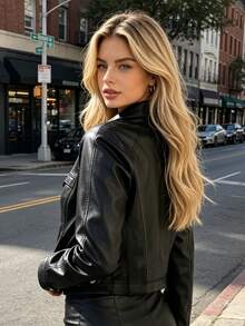 Áo khoác ngắn da PU cổ bẻ cho nữ, phong cách mô tô cổ điển, khóa kéo, dáng ôm slim fit - màu đen - Xem 2