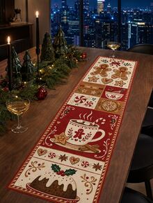 1pc Christmas Table Runner, Gingerbread Man Candy Cane Hot Cocoa Christmas Print Linen Texture Table Runner, Vintage Christmas Holiday Table Decor, Rustic Farmhouse Style Dining Room Kitchen Table Decor, Winter Christmas Home Party Decoration - Multicolor - View 9