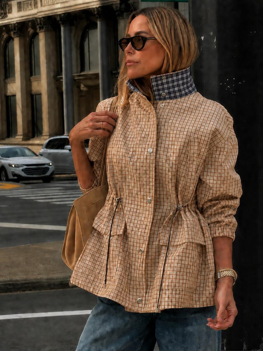 Women's Plaid Zipper Stand Collar Long Sleeve Regular Fit Jacket, Perfect For Creating Fashionable Autumn/Winter Layered Looks - Khaki - View 1