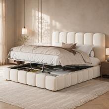 Bed Frame Made Of Velvet With Storage Solid Wood Beige 140 X 190 Cm For Bedroom And Kids Room (Mattress Not Included) - Beige - View 3