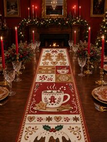 1pc Christmas Table Runner, Gingerbread Man Candy Cane Hot Cocoa Christmas Print Linen Texture Table Runner, Vintage Christmas Holiday Table Decor, Rustic Farmhouse Style Dining Room Kitchen Table Decor, Winter Christmas Home Party Decoration - Multicolor - View 5