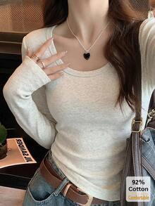 秋季純棉長袖T恤 百搭秋冬灰色花卉大U領上衣 女款修身素色內層打底衫 - 花灰色 - 查看 2