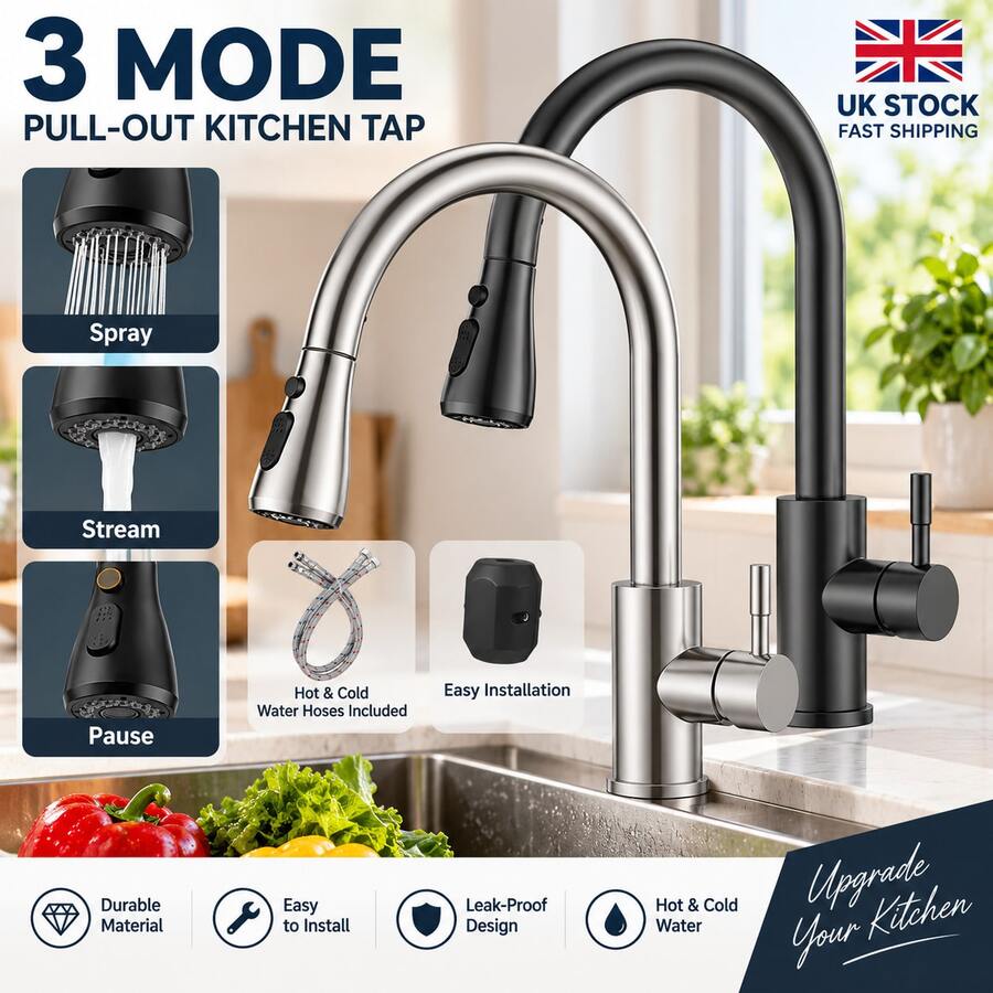 Pull-Out Kitchen Sink Mixer Tap, 360° Swivel Spout, Single Lever With Dual Spray Modes, Modern Mono Faucet - A - View 1
