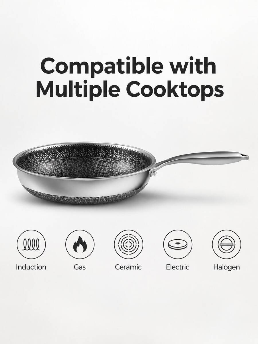 1pc Stainless Steel Frying Pan With Honeycomb Nonstick Interior, Ergonomic Handle Skillet Compatible With Induction, Gas, Ceramic, Durable Kitchen Cookware For Frying, Sauteing And Daily Cooking,Induction Compatible Pots And Pans Set - View 1