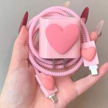 3D Pink Heart-Shaped Charger Head Protector, Data Cable Anti-Breakage, Suitable For IPhone 12/13/14/15/16 And 20W Fast Charger Protector, Data Cable Fixer, Anti-Break Cable, TPU Charger Head Protector - Pink - View 5