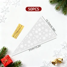 50pcs Christmas Cone-Shaped Snack Bags With Gold Twist Ties, For Candy, Popcorn, Cookies, Snacks Packaging, Christmas Print Transparent Triangle Bags, Holiday Party Gift Packaging Bags - - - View 10