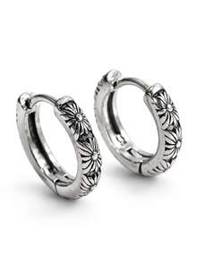 A Black-Themed Earring For Men, Featuring A Vintage And Unique Chrysanthemum Pattern Design, A Very Fashionable Accessory. - Silver - View 4