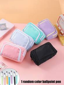 1pc Large Capacity 3-Layer Macaron Color Pencil Case With Window, Japanese Style Canvas Pencil Pouch, Multi-Compartment Stationery Bag, Portable Pencil Holder, Suitable For School, Office And Daily Use - Multicolor - View 8
