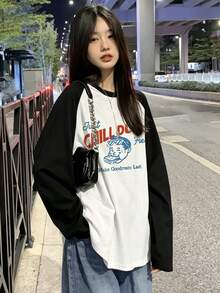 Women's Fashion Autumn Clothing Pure Cotton Loose Versatile Cartoon Character & Letter Print Long Sleeve T-Shirt - Black and White - View 2
