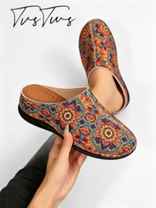 Classic Retro Contrast Stitching Closed-Toe Half-Slip Women's Shoes, Faux Suede Wedge Mule Slippers, Casual Slip-On Outdoor Slides - Color - View 2