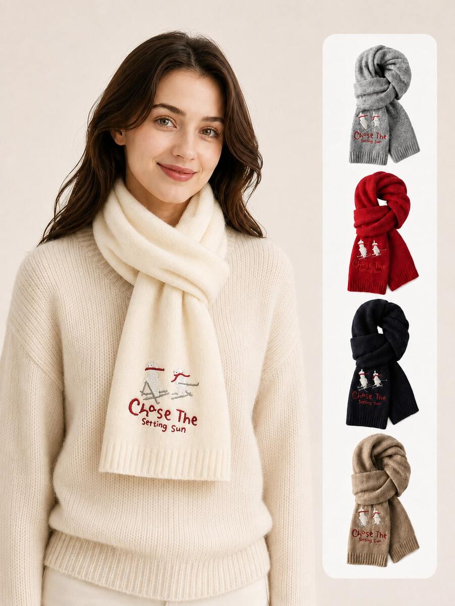 Women's Soft Knitted Scarf, Embroidered Pattern Warm Winter Neck Warmer, Comfortable Style, Suitable For Snow Sports And Daily Wear - Scarf - View 1