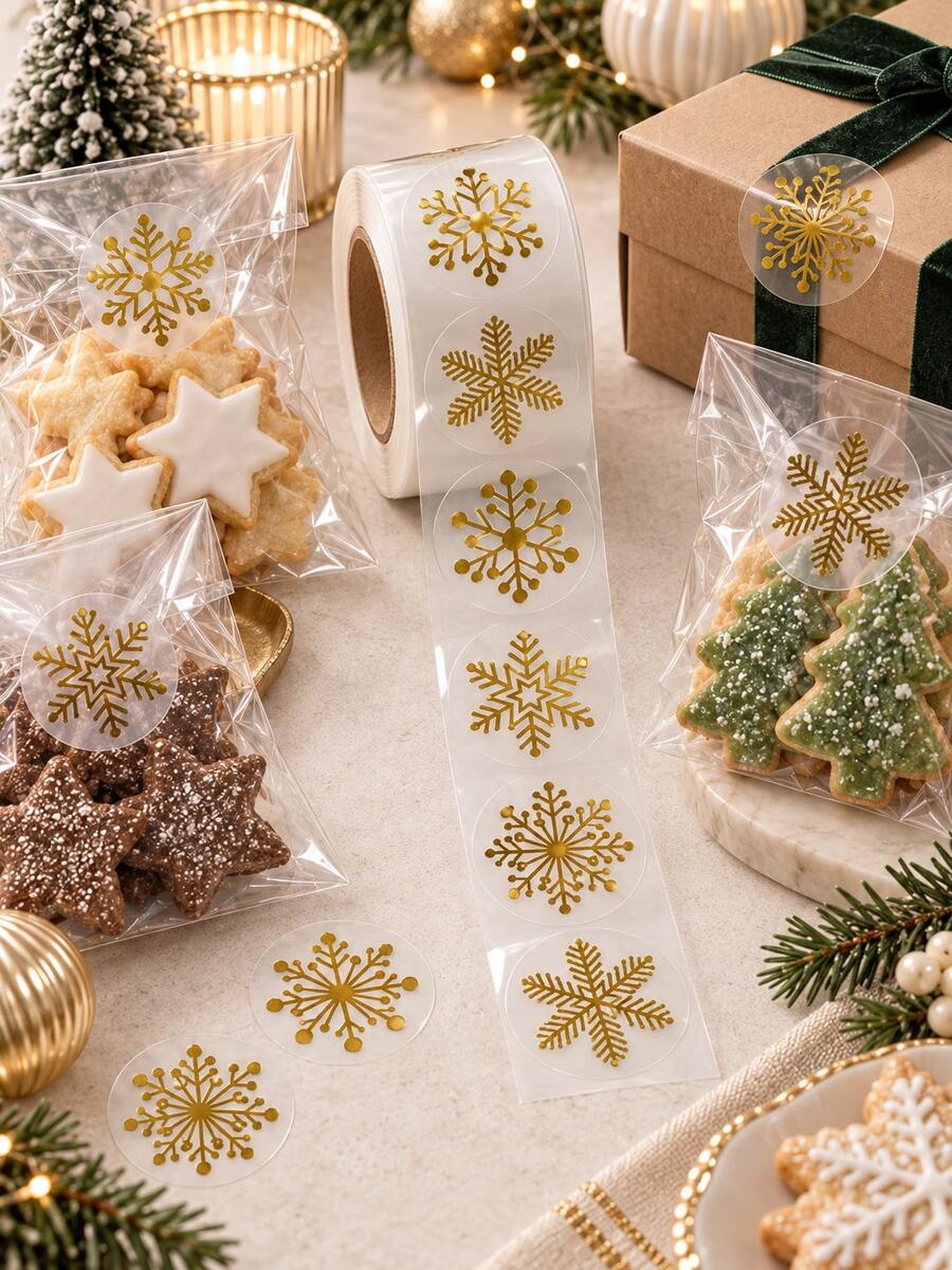 3Set Gold Snowflake Stickers Roll, Christmas Sealing Labels, Elegant Holiday Bakery Packaging Decorations For Gift Bags, Cookies, Party Favors - Multicolor - View 1