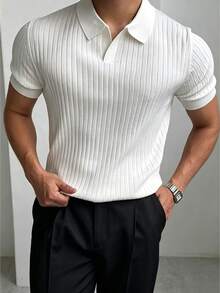 Men's Summer Knit Sweater, Fashion Ribbed Solid Color Short Sleeve, Suitable For Casual Sports - White - View 3