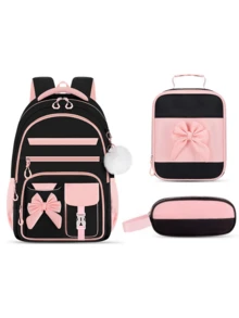 1 Set Cute Bow + Pom Pom Backpack Set, With Handbag + Pencil Case, Large Capacity Multi-Pocket Lightweight School Bag Luggage Strap, Suitable For Various Occasions Campus Backpack Travel Backpack Back To School Gift - A - View 9