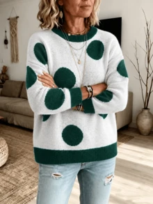 Plus Size Women Polka Dot Print Sweater Round Neck Long Sleeve Color Block Fall Winter Knit Top - White - View 3