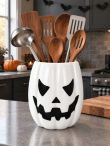 1pc/2pcs Halloween Pumpkin Utensil Organizer, Jack-O'-Lantern Face Countertop Holder For Ladles, Spoons & Spatulas, White/Orange Kitchen Decor - Multicolor - View 1
