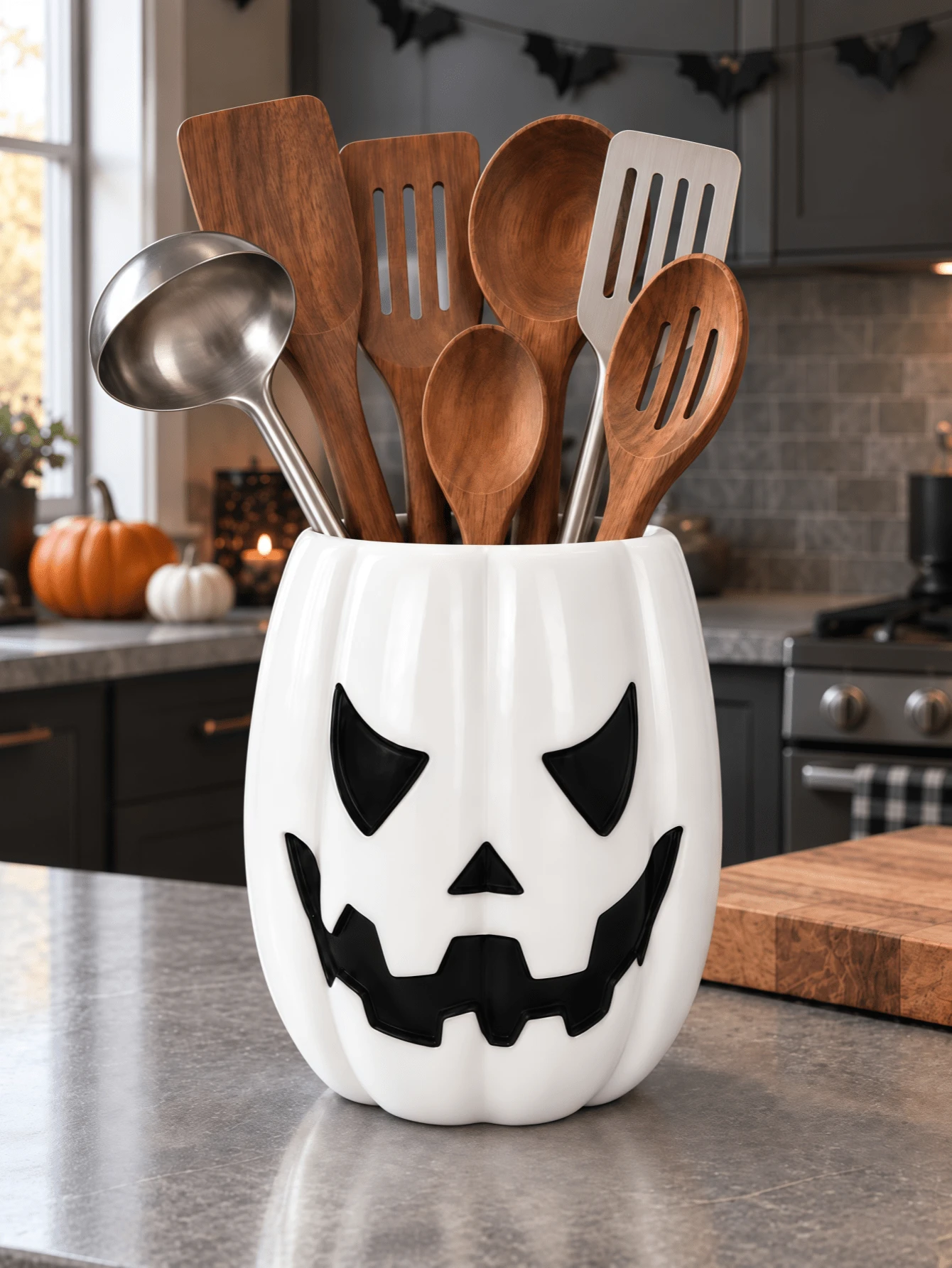 1pc/2pcs Halloween Pumpkin Utensil Organizer, Jack-O'-Lantern Face Countertop Holder For Ladles, Spoons & Spatulas, White/Orange Kitchen Decor - Multicolor - View 1