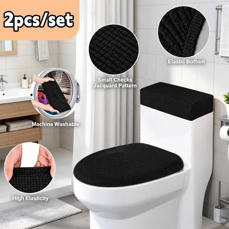 1 Set Solid Color Jacquard Corn Kernel Toilet Seat Cover And Toilet Tank Cover, Elastic Toilet Seat Cover Dustproof Set For Bathroom, Suitable For Small Standard Size Toilet Tank And Toilet Seat - A - View 1