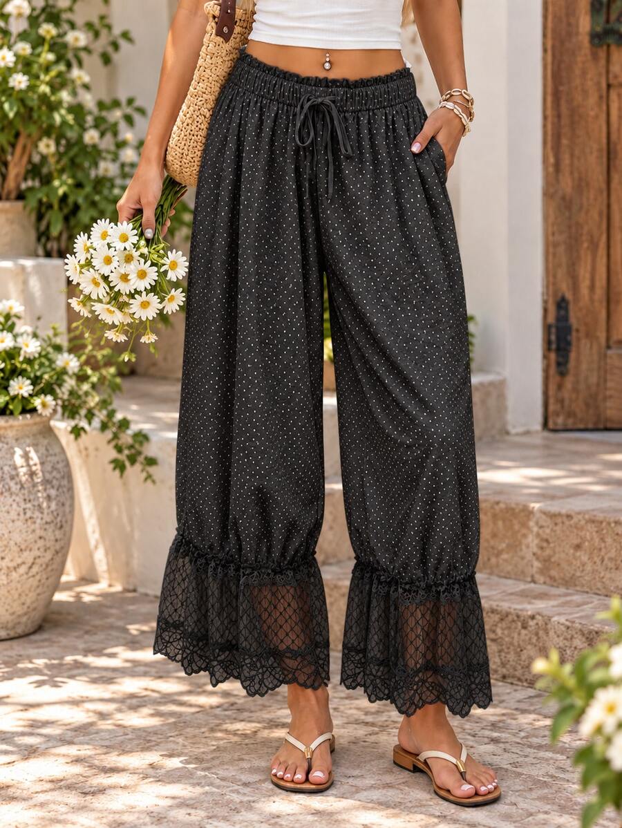 Women's Vintage Lace Wide Leg Pants, Elastic Waist Puff Hem Loose Casual Trousers For Fall, Vacation, Daily Wear & Boho Outfits - Polka Dot Black - View 1